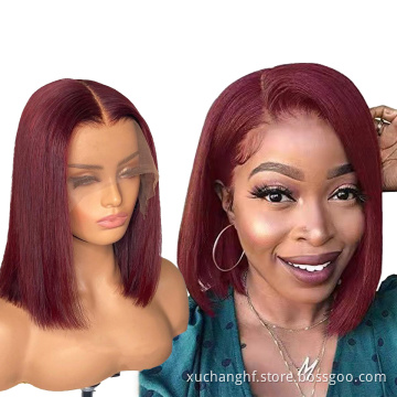 99J Burgundy Red Color Lace Closure Wig Short Straight Bob Cut Preplucked Lace Front Human Hair Wigs For Wholesale